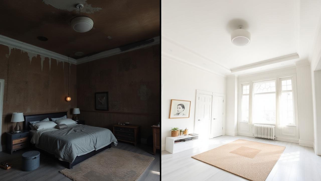 Avant après : chambre sombre et abîmée repeinte en blanc lumineux