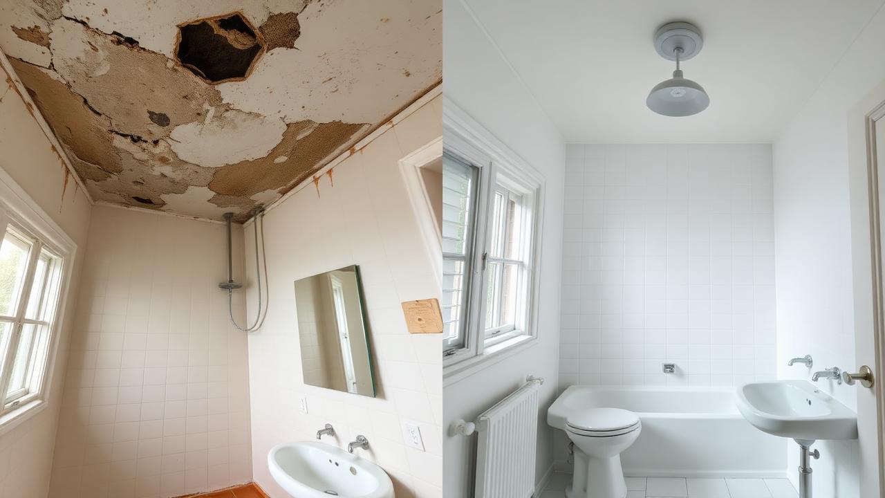 Avant après : salle de bain avec plafond abîmé remis à neuf